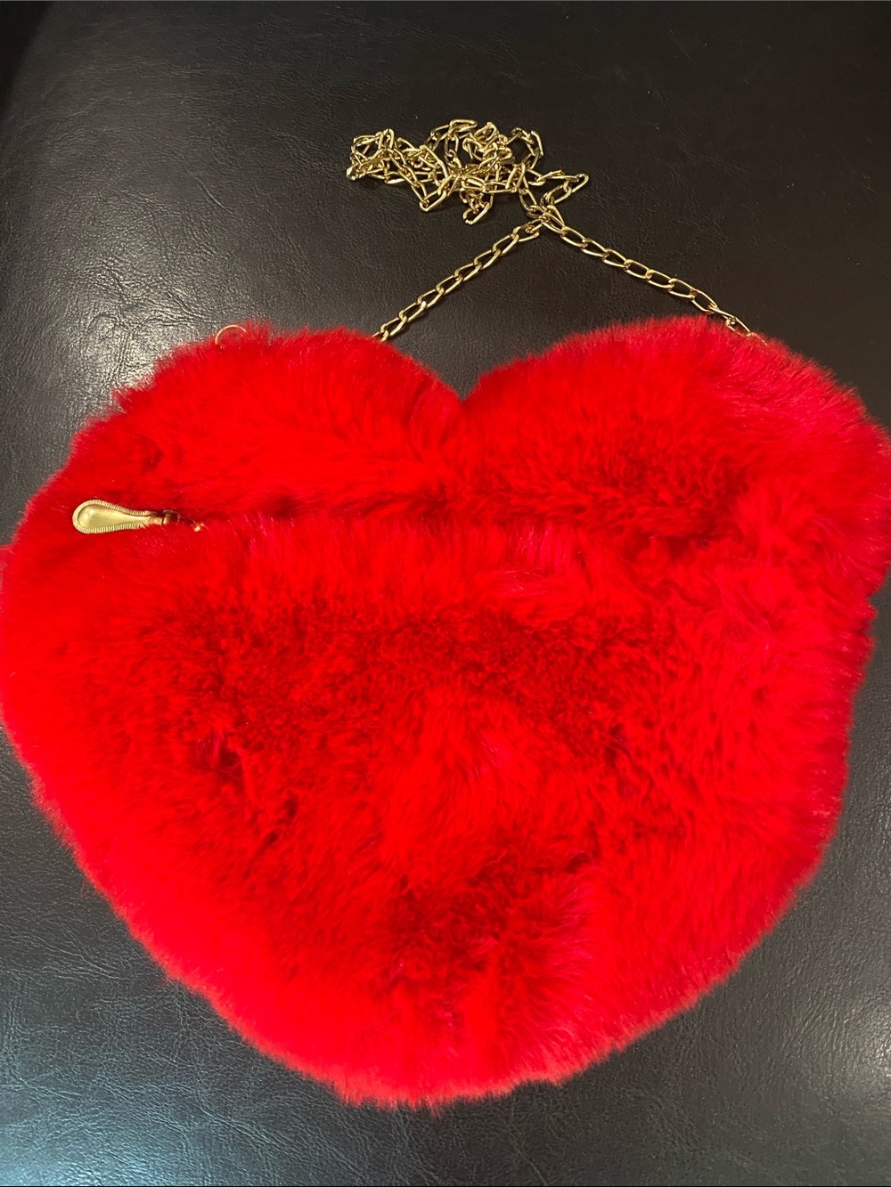 Red Heart Faux-Fur Crossbody Bag with Gold Chain